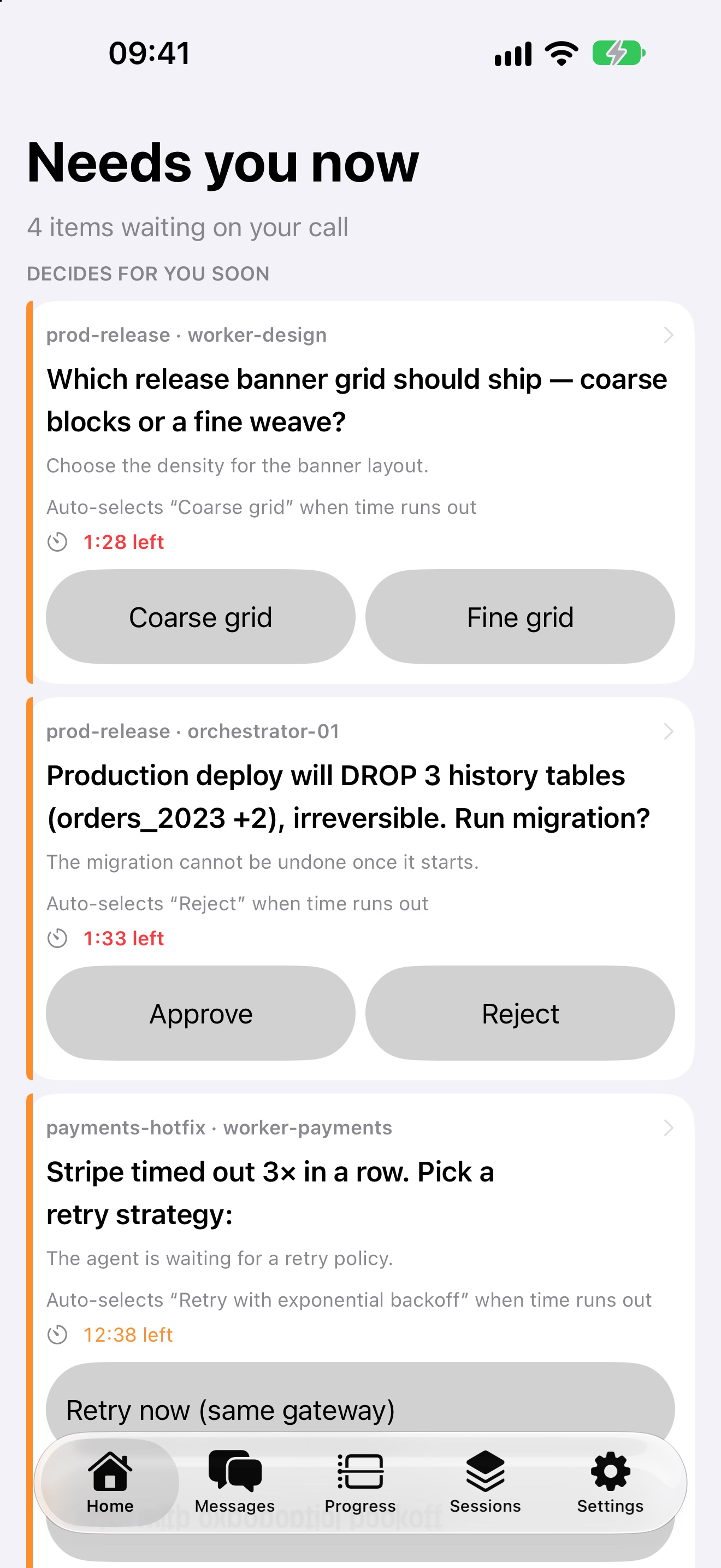 HiBoss iPhone home screen with agent decisions, response options, and time remaining